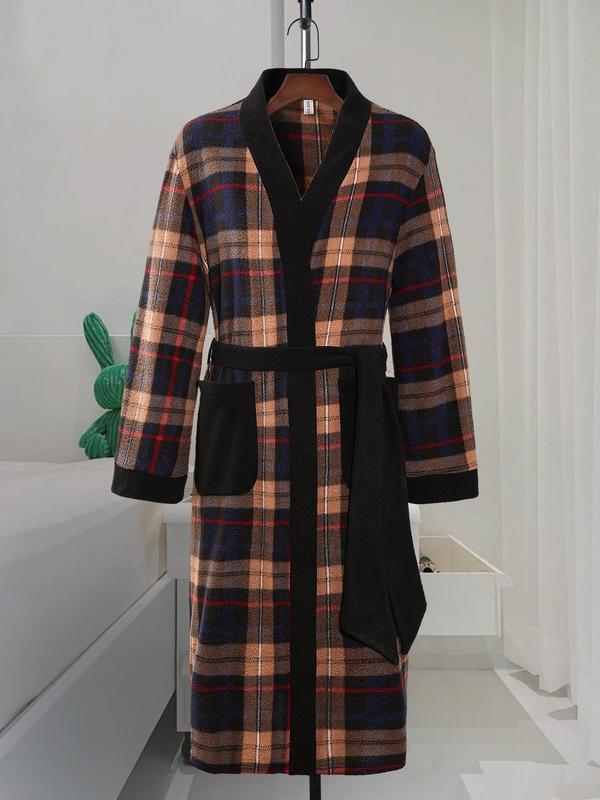 Men's Plaid Print Belted Bathrobe, Casual Long Sleeve Pocket Design Bathrobe, Men's Sleepwear for Fall & Winter