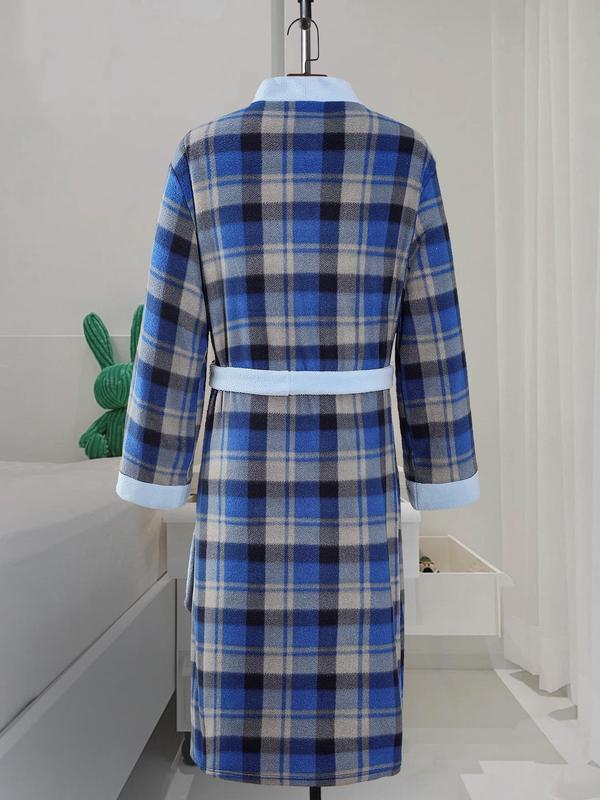 Men's Plaid Print Belted Bathrobe, Casual Long Sleeve Pocket Design Bathrobe, Men's Sleepwear for Fall & Winter