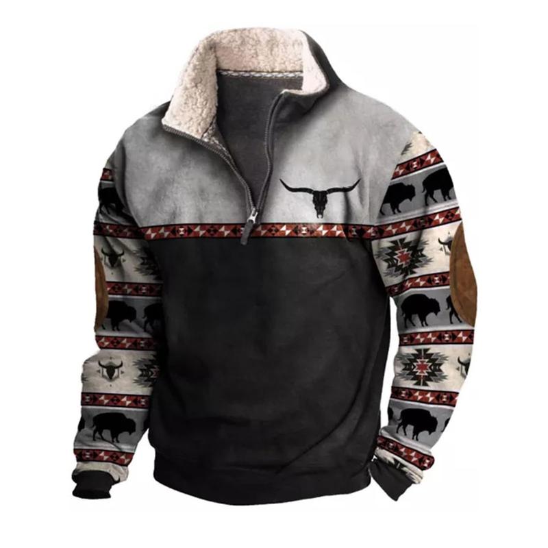 Men's Western Fleece Jacket Cowboy Bull Head Print Pullover 1 4 Zip Stand Collar Long Sleeve Sweatshirts Tops