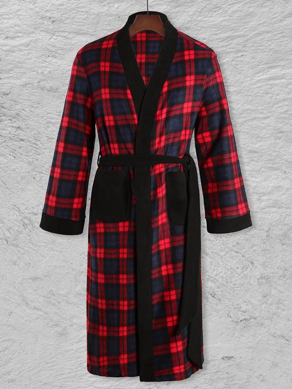 Men's Plaid Print Belted Bathrobe, Casual Long Sleeve Pocket Design Bathrobe, Men's Sleepwear for Fall & Winter