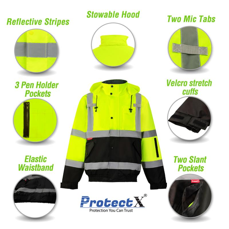 ProtectX High Visibility Waterproof Safety Jacket, Hi Vis Reflective Winter Construction Bomber Jacket for Men With Multi Pockets Menswear Clothing Workwear