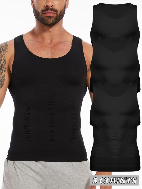 Men's Solid Color Crew Neck Compression Shapewear Tank Top, High Stretch Tummy Control Shaper Vest, Men's Shapewear for All Seasons