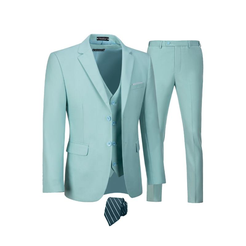 4-Piece Men's Slim Fit Suit Set - Solid Color Blazer Jacket, Vest, Formal Pants, and Matching Tie - Random Color Selection for a Sharp, Put-Together Look