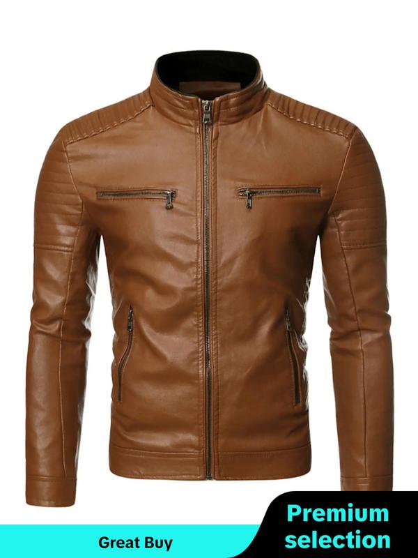 Men's Regular Fit Solid Pocket Zipper PU Faux Leather Jacket, Casual Long Sleeve Stand Collar Outerwear for Fall & Winter, Men's Clothes for Daily Wear Winter Jacket