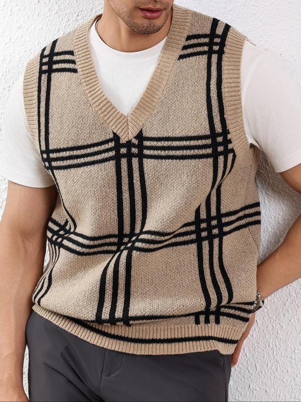 Men's Plaid Print V Neck Sweater Vest, Regular Fit Casual Sleeveless Knitwear for Spring & Fall, Fashion Men's Knit Clothing for Daily Wear