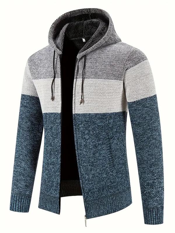 Men's Colorblock Zip Up Drawstring Hooded Cardigan, Regular Fit Casual Long Sleeve Pocket Cardigan for Fall & Winter, Men's Knit Clothing for Daily Wear