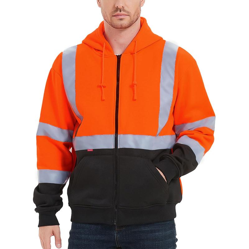 ProtectX Hi Vis Safety Hoodie for Men, Class 3 Reflective High Visibility Sweatshirt with Large Pocket, Long Sleeve Hooded Drawstring Pullover for Work & Construction