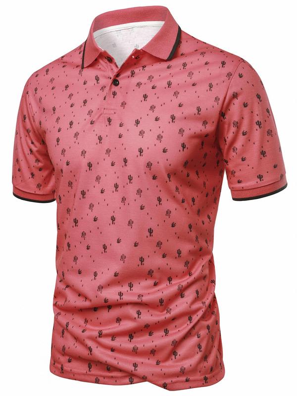 Men's Cactus Print Short Sleeve Polo Shirt, Regular Fit Casual Half Button Collar Top, Men's Back To School Clothes for Daily Wear, Summer Outfits 2024, Men's Tops, Polo Shirts Men