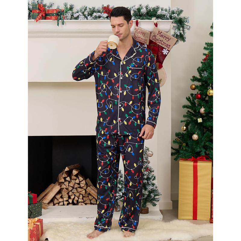 Christmas Pajamas Set for Men Xmas Pjs Holiday Soft Sleepwear Button Down Loungewear with Pockets