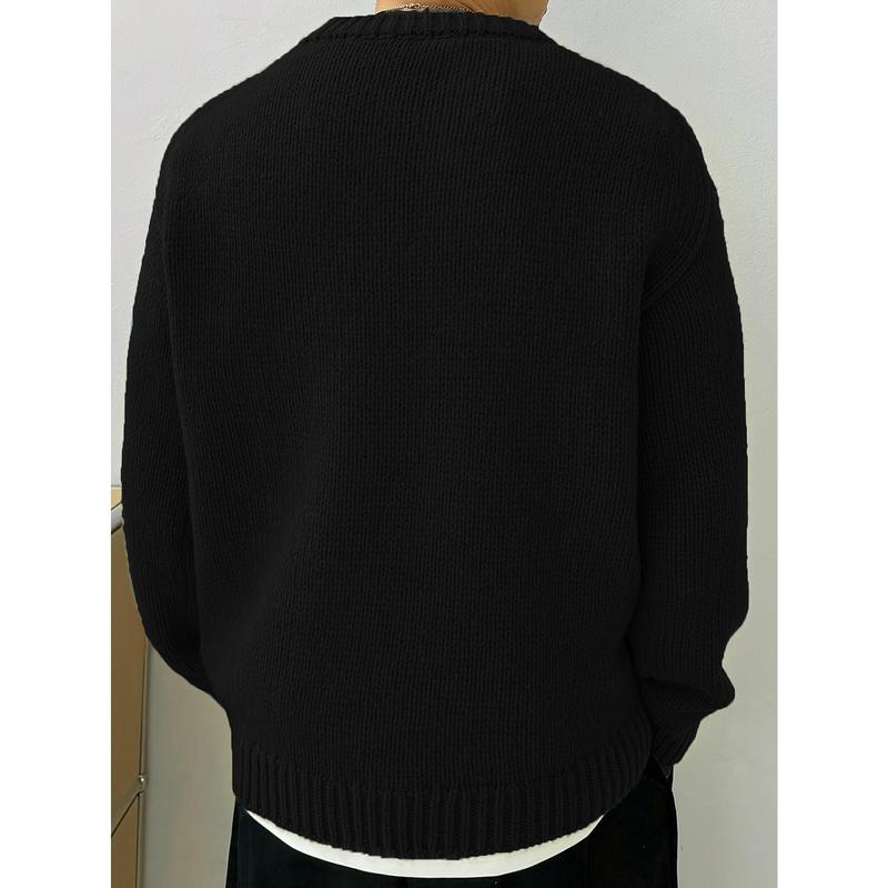 Men's Solid Knitted Pullover, Casual Long Sleeve Crew Neck Sweater For Fall Winter