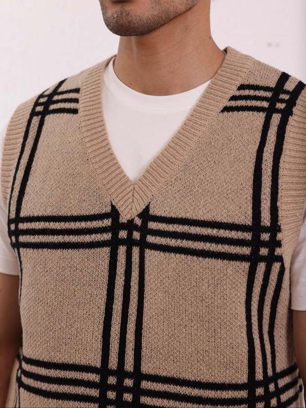 Men's Plaid Print V Neck Sweater Vest, Regular Fit Casual Sleeveless Knitwear for Spring & Fall, Fashion Men's Knit Clothing for Daily Wear