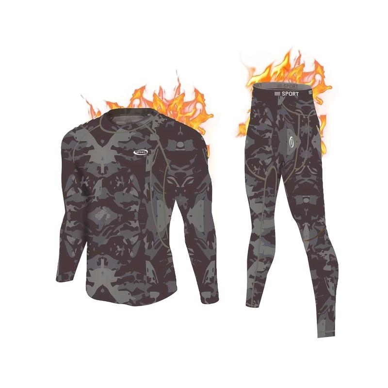 Men's camouflage print thermal underwear, wool autumn clothing set, winter hunting outdoor running cycling skiing equipment sports