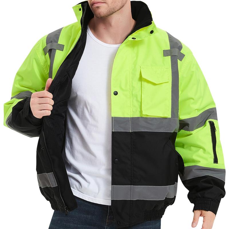 ProtectX High Visibility Waterproof Safety Jacket, Hi Vis Reflective Winter Construction Bomber Jacket for Men With Multi Pockets Menswear Clothing Workwear