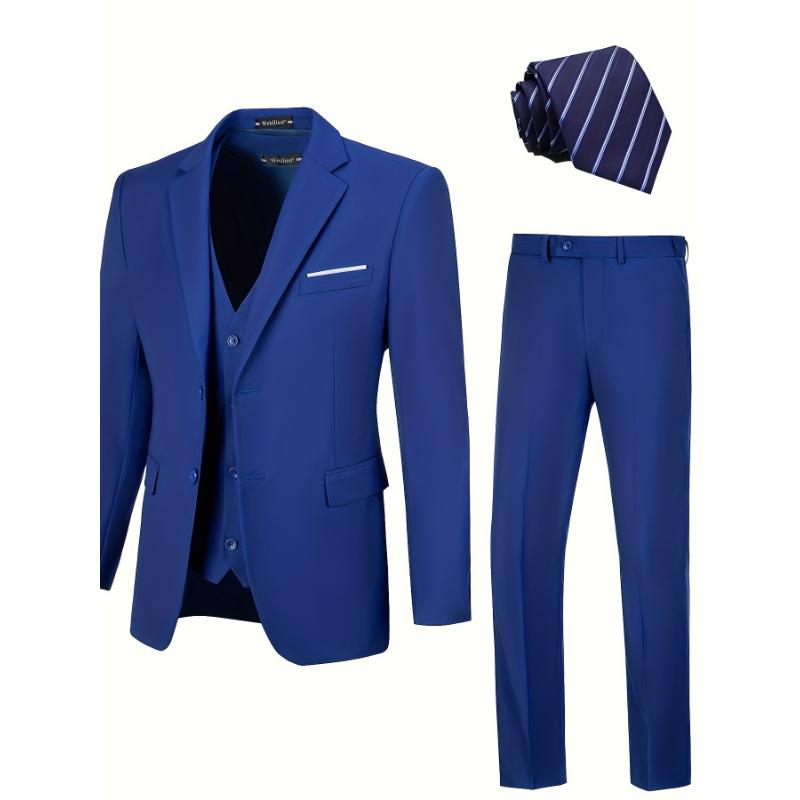 4-Piece Men's Slim Fit Suit Set - Solid Color Blazer Jacket, Vest, Formal Pants, and Matching Tie - Random Color Selection for a Sharp, Put-Together Look