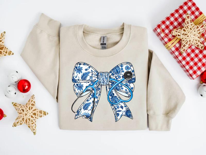 Nurse Stethoscope Bow Sweatshirt - Blue Ribbon Shirt for Nurses - Pullover, Fabric