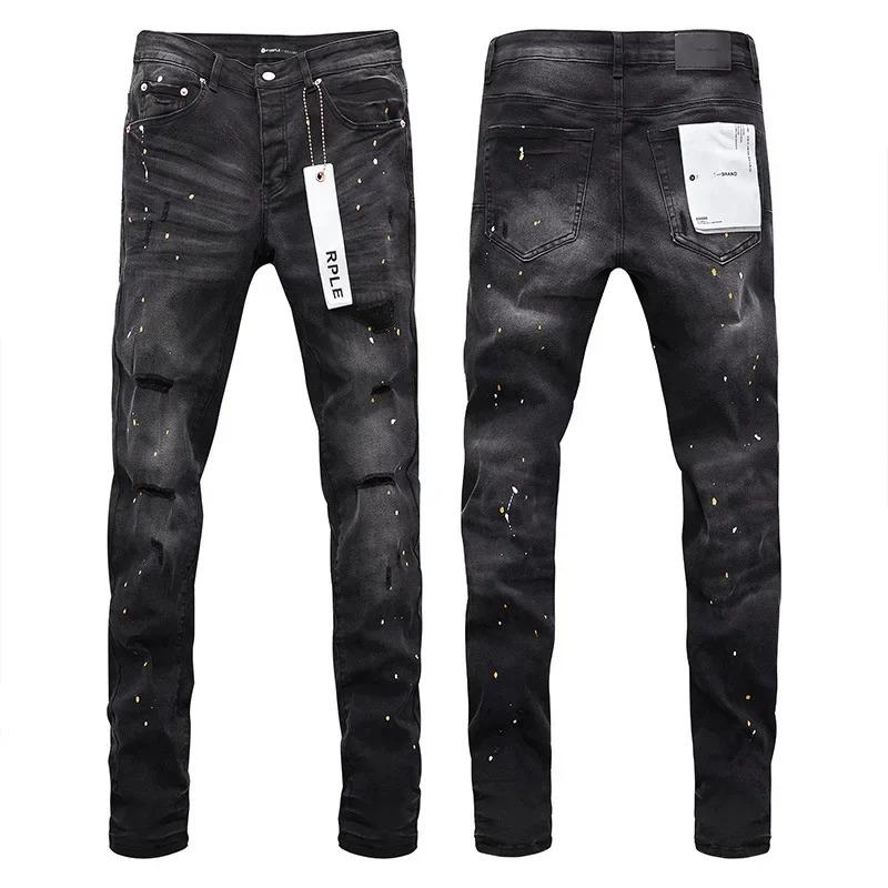 Purple Brand Jeans American High Street Ripped Ink Splashed Distressed Black Wash Stylish and slim pants