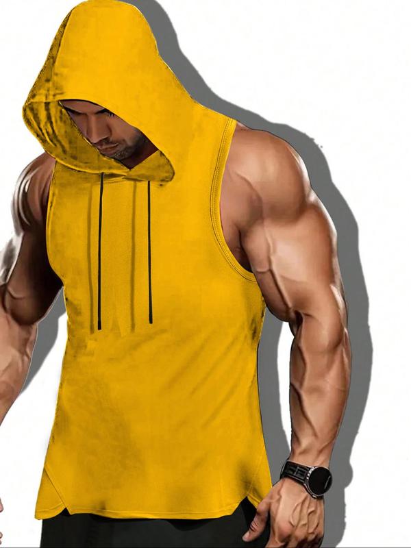 Men's Solid Drawstring Hooded Tank Top, Casual Streetwear Regular Fit Sleeveless Top for Summer, Fashion Men's Clothes for Daily Wear, Tank Tops for Men, Summer Outfits Gym Clothing