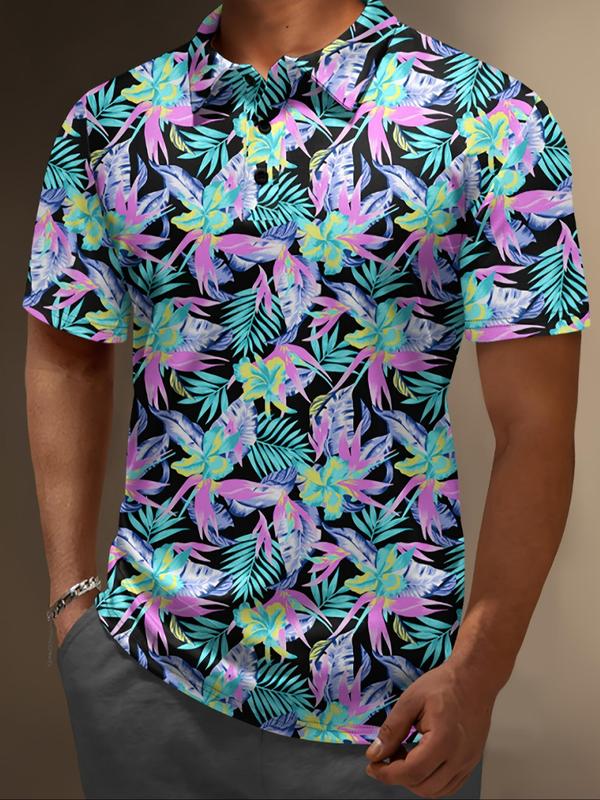 Men's Regular Fit Tropical Print Short Sleeve Polo Shirt, Casual Button Front Collared Top for Summer, Fashion Men's Clothes for Daily Wear