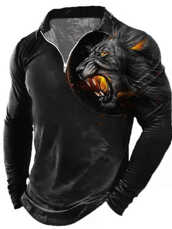 Men's Lion Print Zipper Half Placket Polo Shirt, Regular Fit Casual Long Sleeve Collared Top for Spring & Fall, Fashion Men's Clothes for Daily Wear