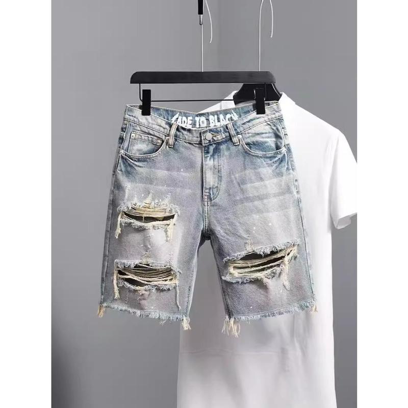 Retro Washed Distressed Raw Hem Ripped Denim Shorts Men's Pu Handsome Straight Beggar Fifth Wide-Leg Pants