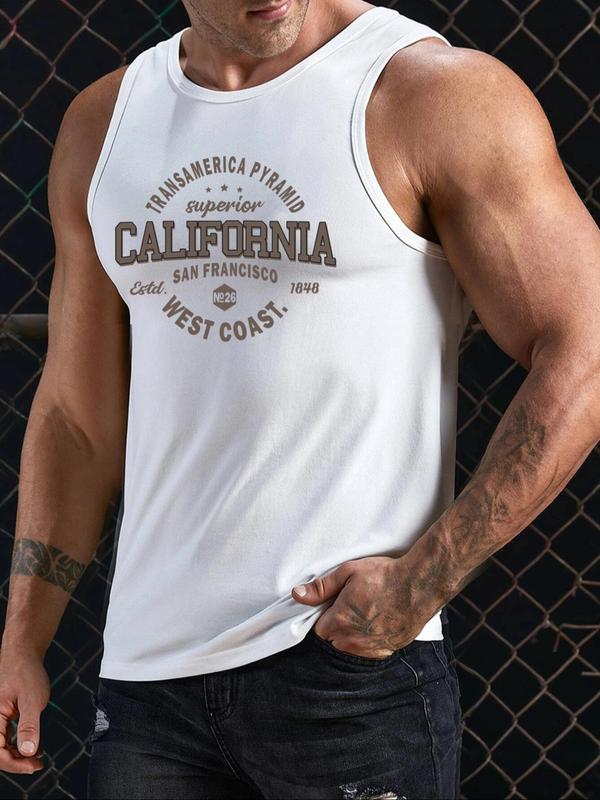 Men's Letter & Number Print Round Neck Tank Top, Regular Fit Casual Sleeveless Top for Summer, Men's Clothes for Daily Wear