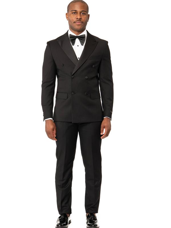 Slim Fit Double Breasted Men's Black Tuxedo Wide Peak Lapel 2 Button Flat Front Pants With Satin Line AZARMAN Formal