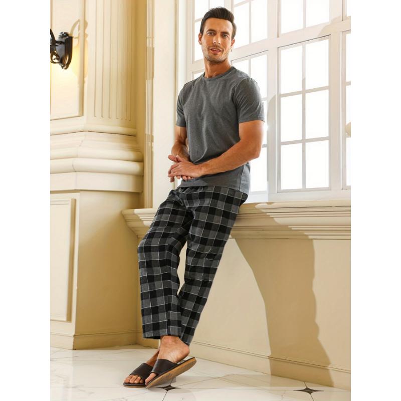 2 Pcs Men's Simple Solid Round Neck Long Sleeve & Plaid Trousers Pajama Set, Comfortable & Skin-friendly Style Pajamas For Men's Cozy Loungewear