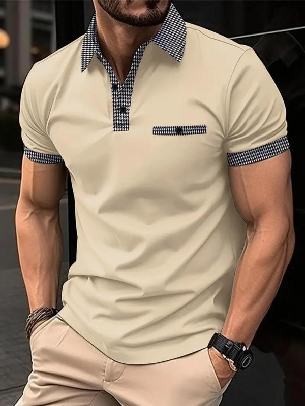 Men's Houndstooth Print Contrast Binding Polo Shirt, Regular Fit Casual Short Sleeve Button Front Top for Summer, Men's Clothes for Daily Streetwear