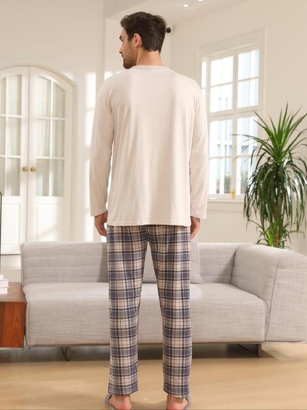 Two-piece Set Men's Letter Print Long Sleeve Tee & Plaid Print Elastic Waist Pants Pyjama, Casual Comfy Round Neck Top & Trousers Pj Set, Men's Sleepwear for Spring & Fall