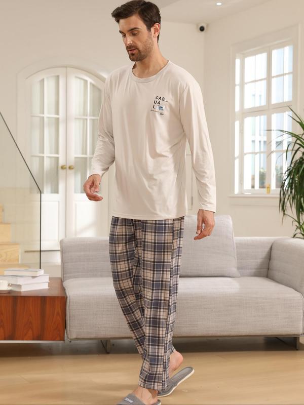 Two-piece Set Men's Letter Print Long Sleeve Tee & Plaid Print Elastic Waist Pants Pyjama, Casual Comfy Round Neck Top & Trousers Pj Set, Men's Sleepwear for Spring & Fall