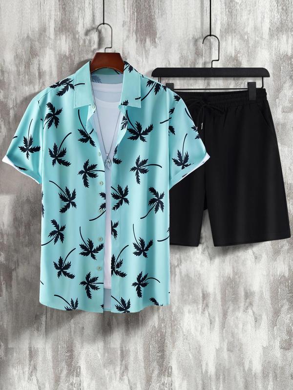 2 Counts Men's Plants Print Shirt & Pocket Drawstring Shorts Set, Boho Casual Tropical Print Button Down Hawaiian Shirt & Shorts, Men's Outfits for Summer Beach Vacation Formal Wear, Menswear Suits