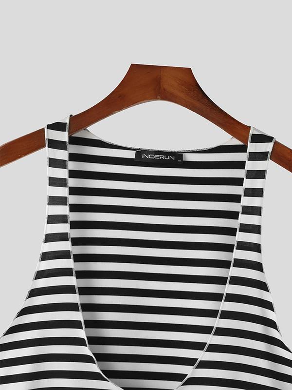 Men's Striped Print  Deep U Neck Tank Top, Casual Loose Sleeveless Top for Summer, Fashion Men's Clothes for Daily Wear