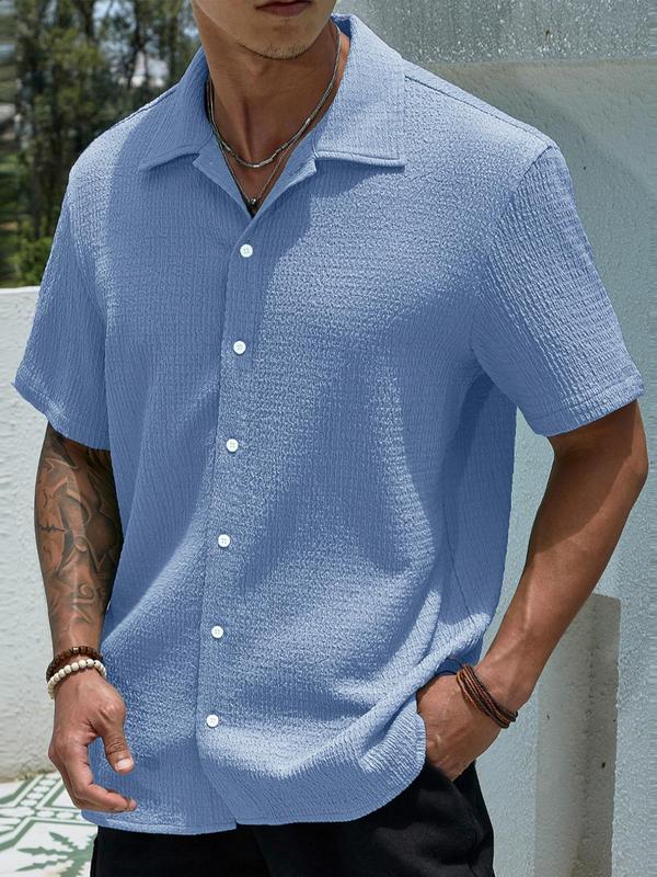 Men's Solid Color Button Front Shirt, Casual Short Sleeve Collar Top for Spring & Summer, Men's Clothing, Fashion Men's Clothes for Daily Streetwear, Holiday Outfits 2024, Summer Clothes, Shirts for Men, Back To School Outfit