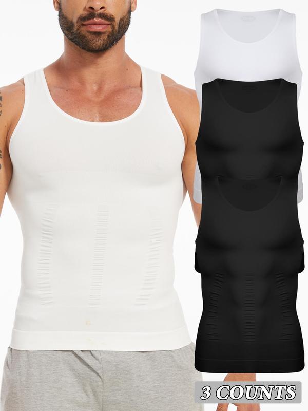 Men's Solid Color Crew Neck Compression Shapewear Tank Top, High Stretch Tummy Control Shaper Vest, Men's Shapewear for All Seasons