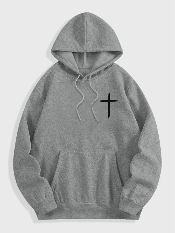 Men's Letter & Cross Print Drop Shoulder Thermal Lined Hoodie, Fashion Casual Regular Fit Drawstring Pocket Hooded Sweatshirt for Daily Holiday Outdoor Wear, Men Clothes for Fall & Winter