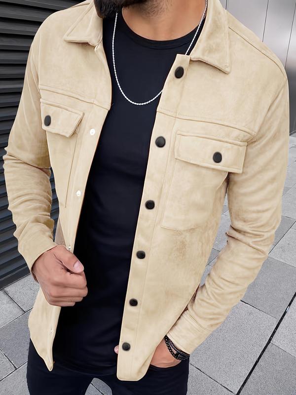 Men's Solid Color Button Front Pocket Suede Jacket, Fall Outfits, Regular Fit Casual Long Sleeve Collared Outerwear for Fall, Fashion Men's Clothes for Daily Wear Starboy Outfits Men Tops