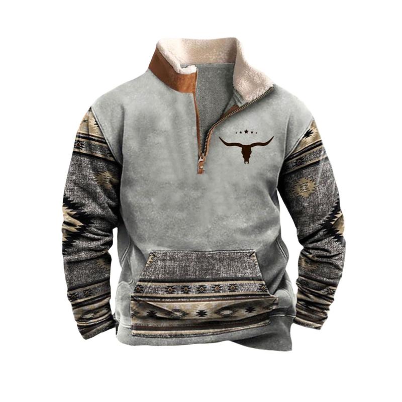 Men's Western Fleece Jacket Cowboy Bull Head Print Pullover 1 4 Zip Stand Collar Long Sleeve Sweatshirts Tops