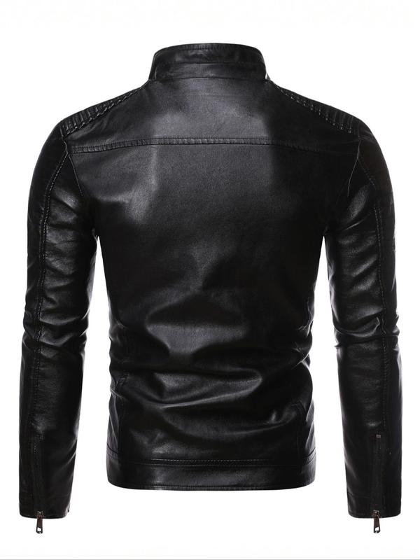 Men's Regular Fit Solid Pocket Zipper PU Faux Leather Jacket, Casual Long Sleeve Stand Collar Outerwear for Fall & Winter, Men's Clothes for Daily Wear Winter Jacket