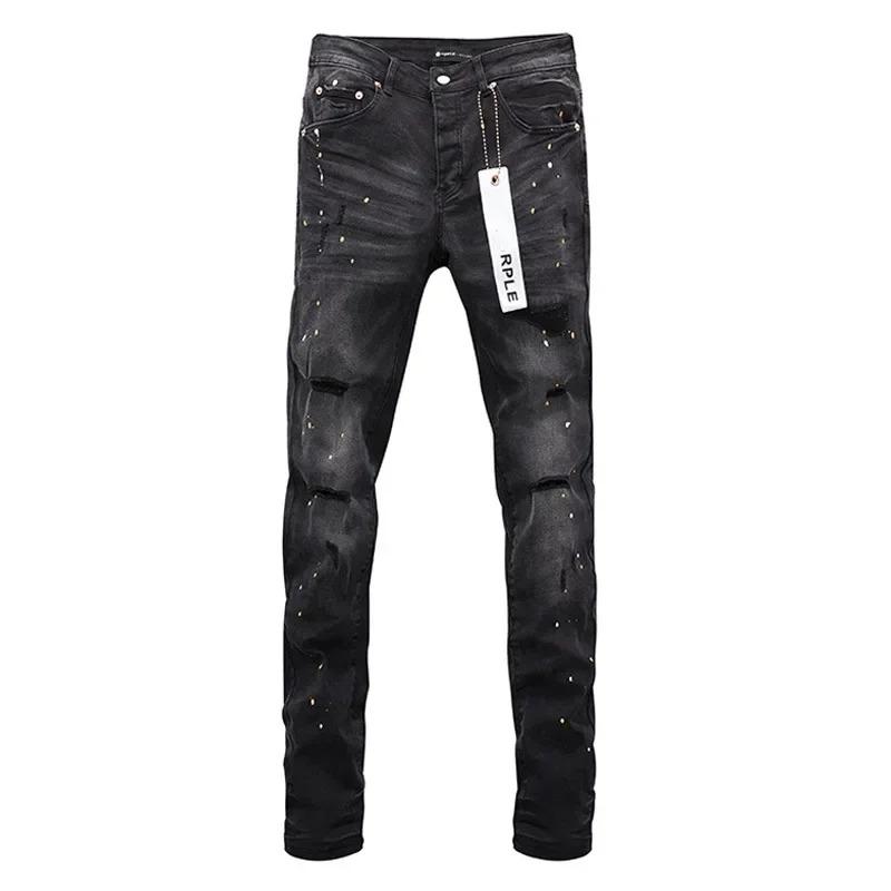 Purple Brand Jeans American High Street Ripped Ink Splashed Distressed Black Wash Stylish and slim pants