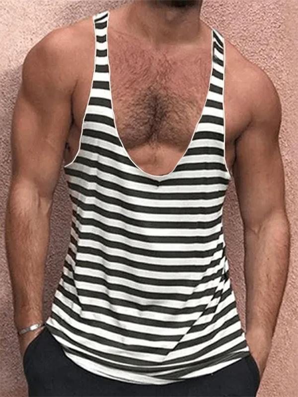 Men's Striped Print  Deep U Neck Tank Top, Casual Loose Sleeveless Top for Summer, Fashion Men's Clothes for Daily Wear