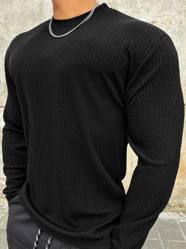 Men's Solid Textured Round Neck Knit Top, Casual Regular Fit Long Sleeve Crew Neck Knitwear for Spring & Fall, Fashion Men's Knit Clothing for Daily Wear