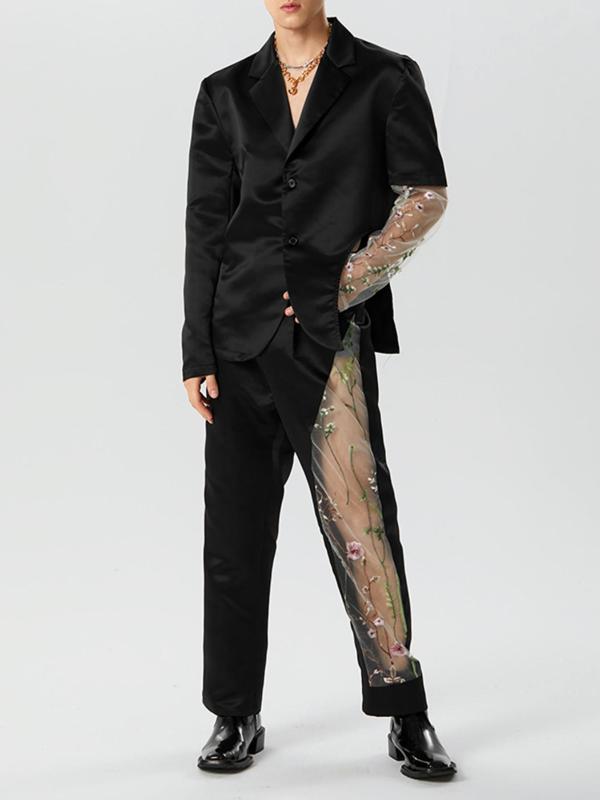 Two-Piece Set Men's Floral Embroidery Contrast Mesh Sheer Blazer & Plicated Pants, Asymmetrical Hem Lapel Neck Button Front Top & Trousers, Two-piece Outfits for Party Business Formal Occasions