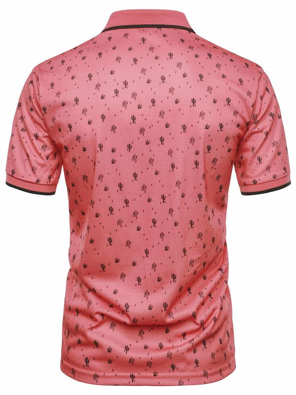 Men's Cactus Print Short Sleeve Polo Shirt, Regular Fit Casual Half Button Collar Top, Men's Back To School Clothes for Daily Wear, Summer Outfits 2024, Men's Tops, Polo Shirts Men