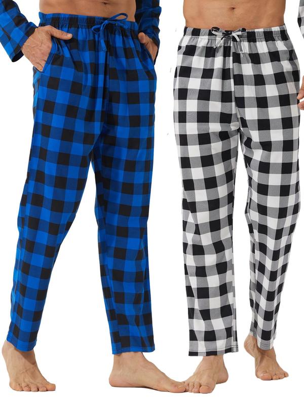 Men's Plaid Print Tie Front Pajama Pants, Casual Comfy Elastic Waist Pocket Lounge Pants, Men Sleepwear for Spring & Fall