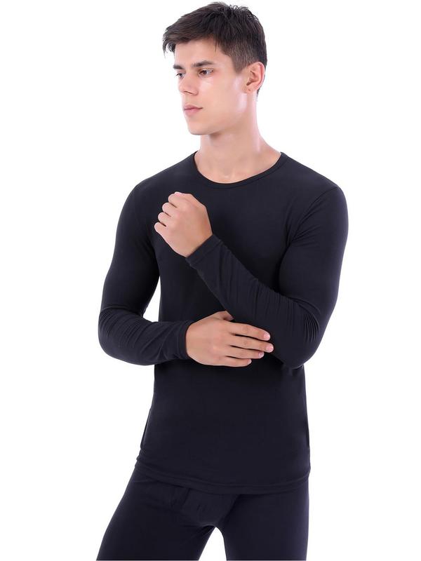 Men's Solid Long Sleeve Thermal Underwear Top, Casual Comfy Warm Round Neck Top for Fall & Winter, Men's Underwear for Daily Wear