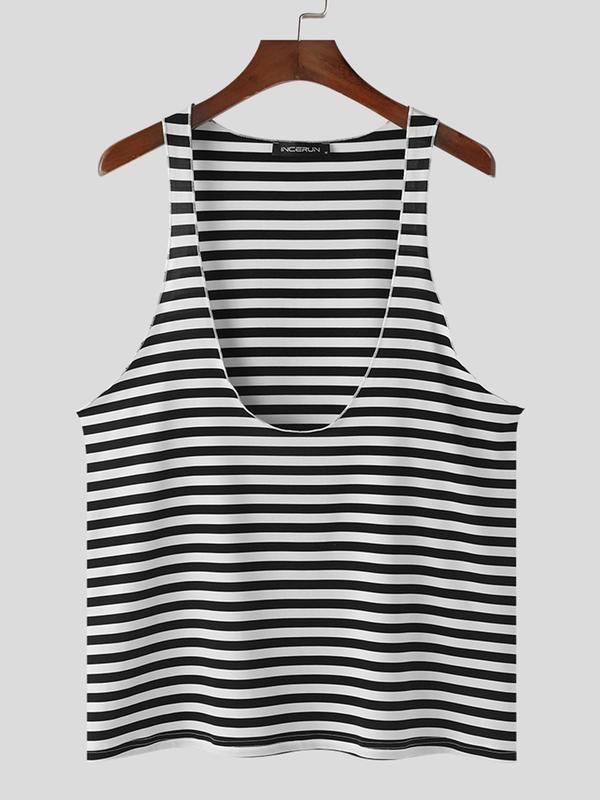 Men's Striped Print  Deep U Neck Tank Top, Casual Loose Sleeveless Top for Summer, Fashion Men's Clothes for Daily Wear