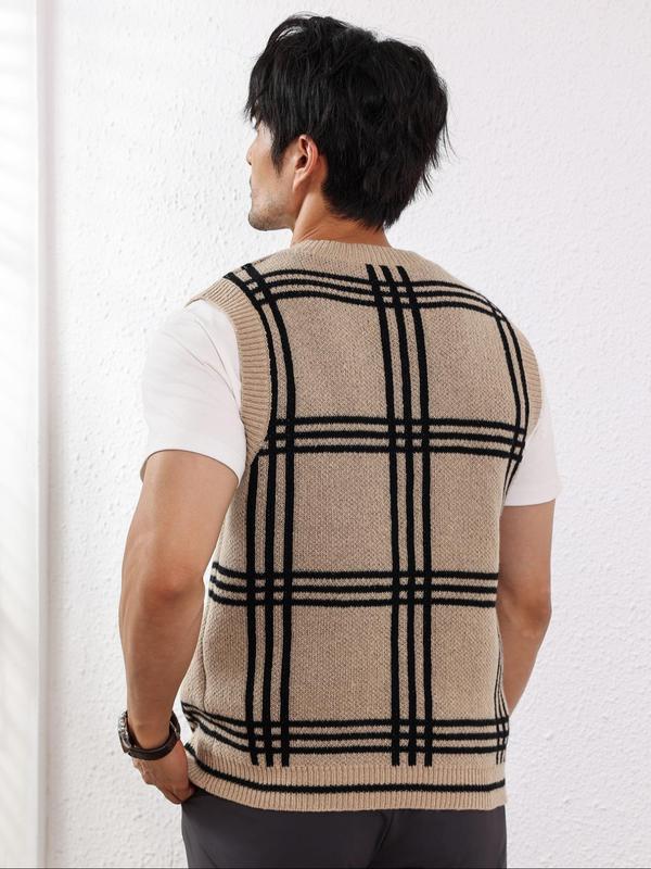 Men's Plaid Print V Neck Sweater Vest, Regular Fit Casual Sleeveless Knitwear for Spring & Fall, Fashion Men's Knit Clothing for Daily Wear