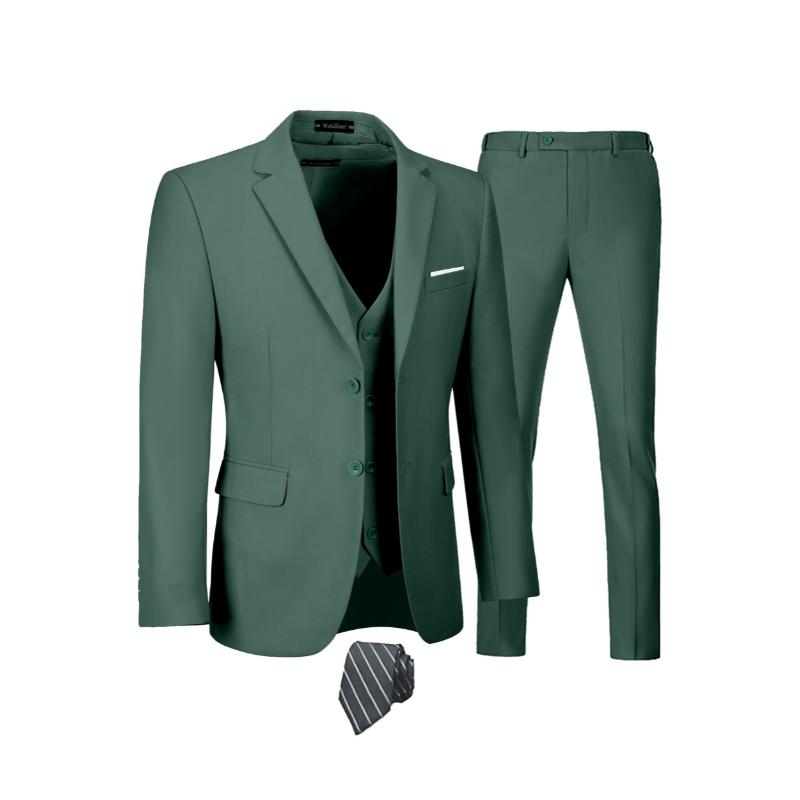 4-Piece Men's Slim Fit Suit Set - Solid Color Blazer Jacket, Vest, Formal Pants, and Matching Tie - Random Color Selection for a Sharp, Put-Together Look