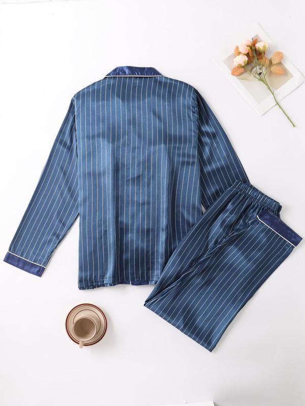 Two-Piece Set Men's Striped Print Button Front Pocket Shirt & Pants Satin Pyjama, Regular Fit Casual Comfy Long Sleeve Collared Top & Trousers PJ Set, Men's Sleepwear for Spring & Fall