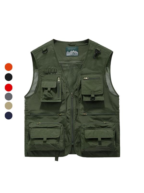 Men's Solid Color Landscape Patched Pocket Hollow Out Vest Jacket, Loose Casual Buckle Zipper V Neck Sleeveless Outerwear for Summer, Fashion Men's Clothes for Outdoor Activities